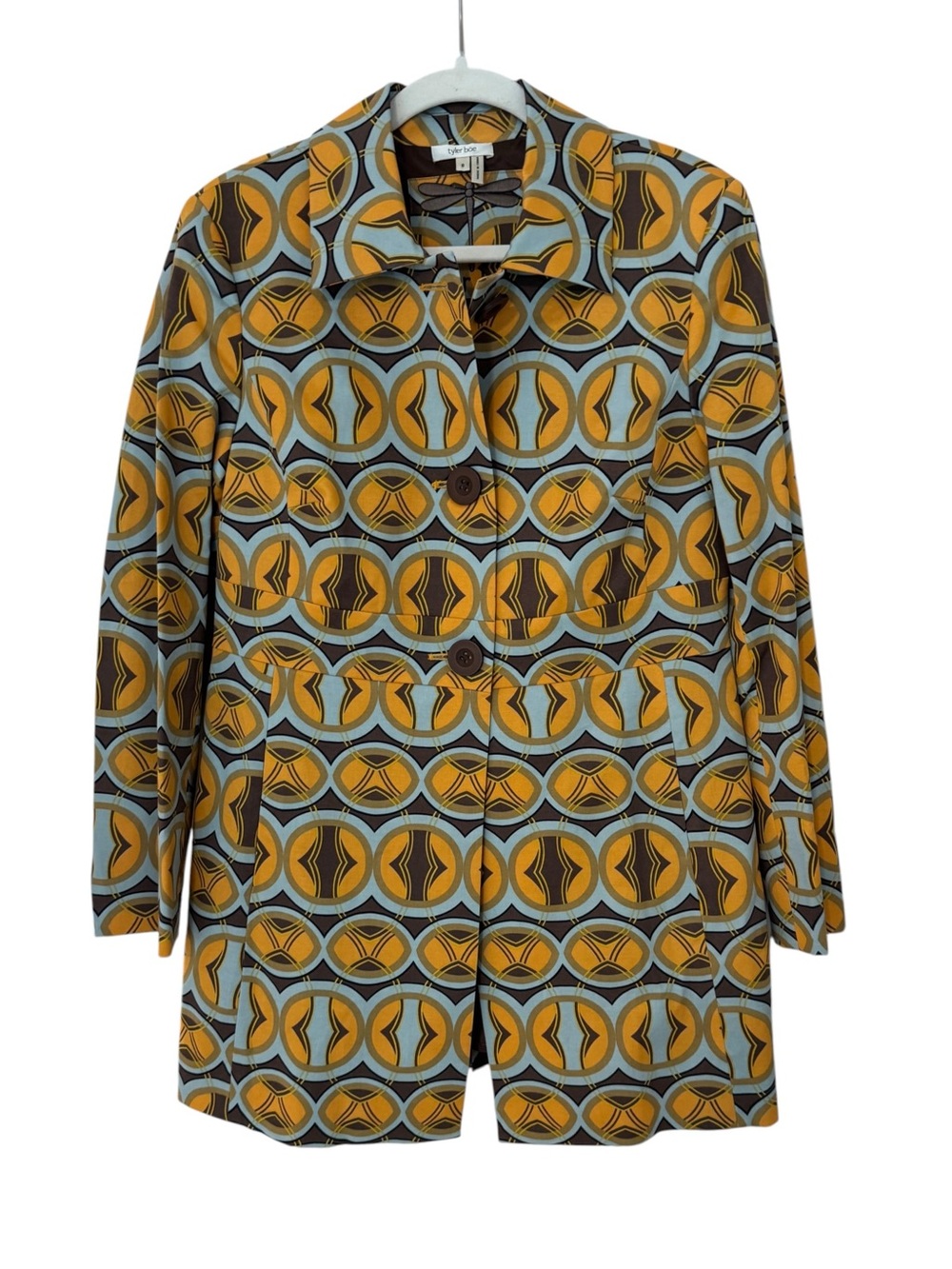Tyler Boe Women's Geometric Pattern Retro Gold Brown Blue Pleated Jacket Size 8